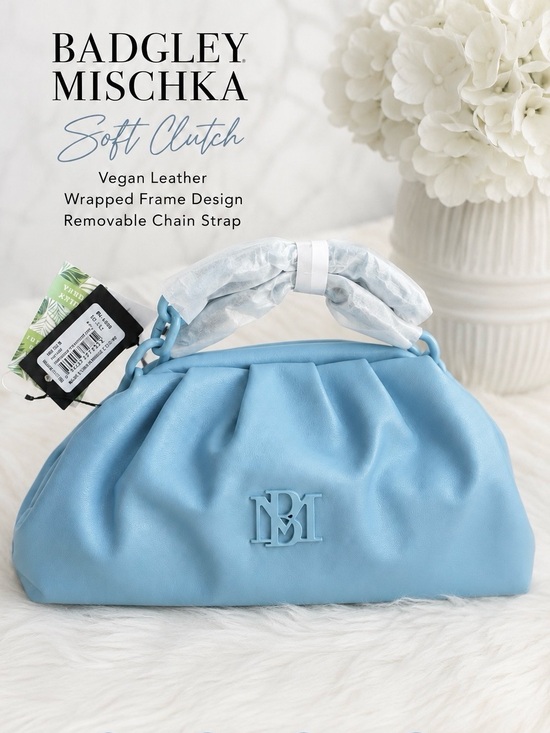 Badgley Mischka Handbags - Badgley Mischka Blue Vegan Leather Soft Clutch Chain Evening Bag Wrapped Frame